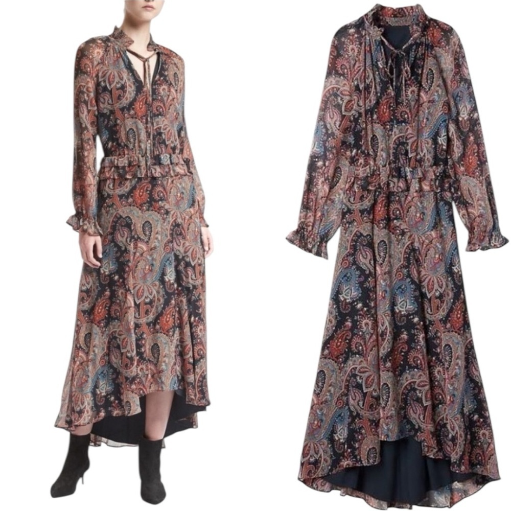 Banana Republic x Olivia Palermo 100% Silk Hi Low Hem Paisley Dress Black Sz XS